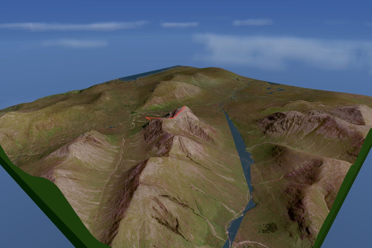 Buachaille Etive Mòr rendered in 3D with its route traced in orange
